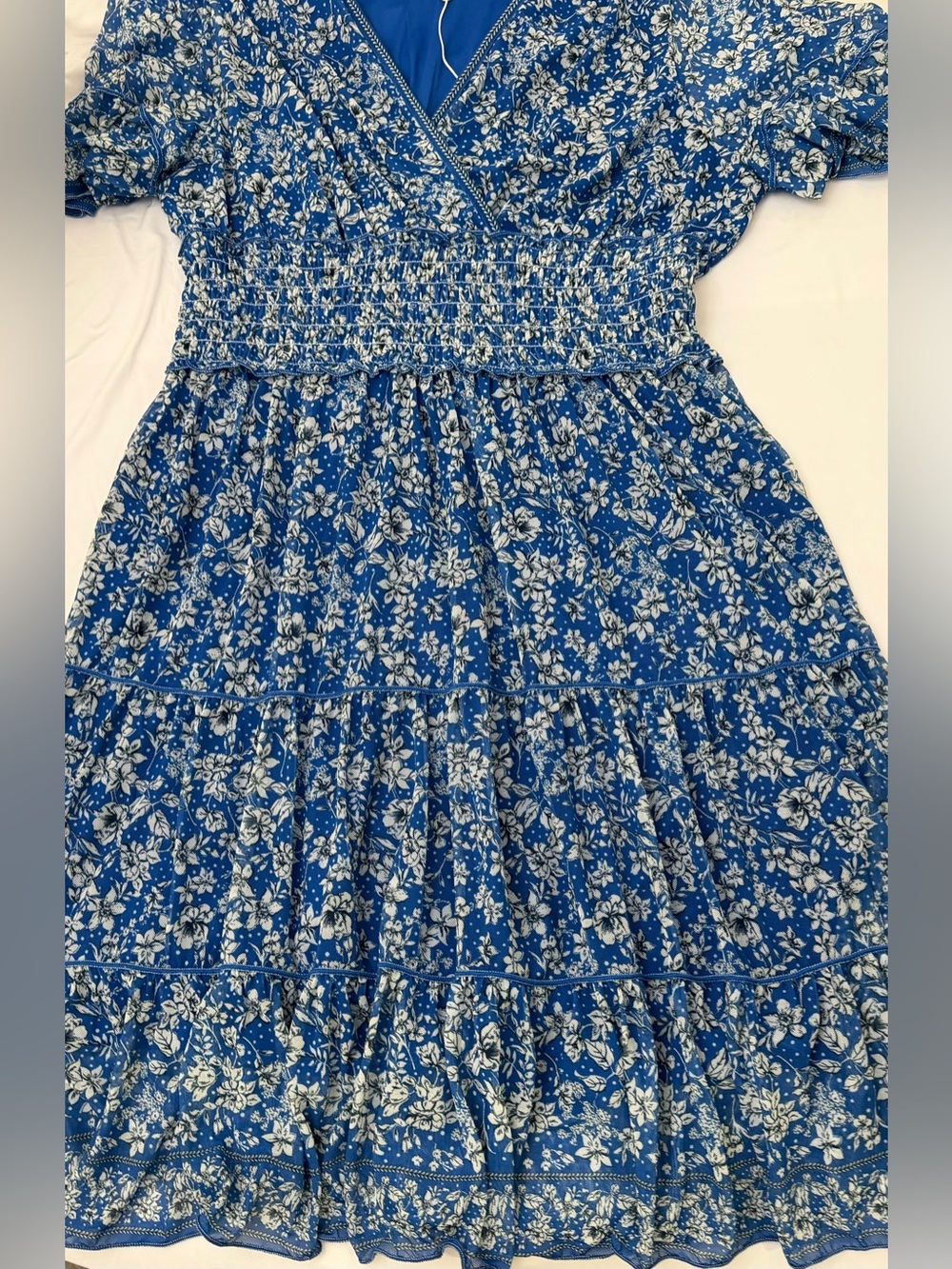 Max Studio Blue Floral Smocked-Waist Midi Dress